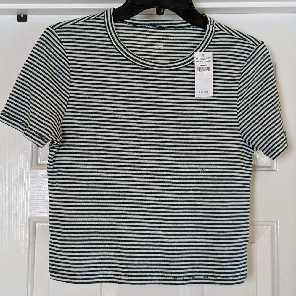 American Eagle Baby Tee Shirt Short Sleeve Style: 1537-8255 White Green Stripes